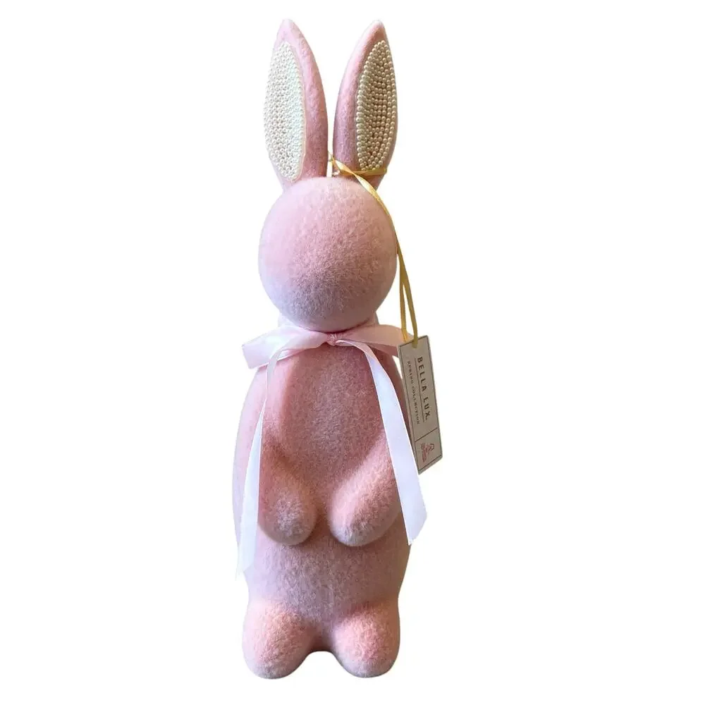 SPRING GATHERINGS 15in Pink Flocked Bunny With Faux Pearl Ears & Ribbon New